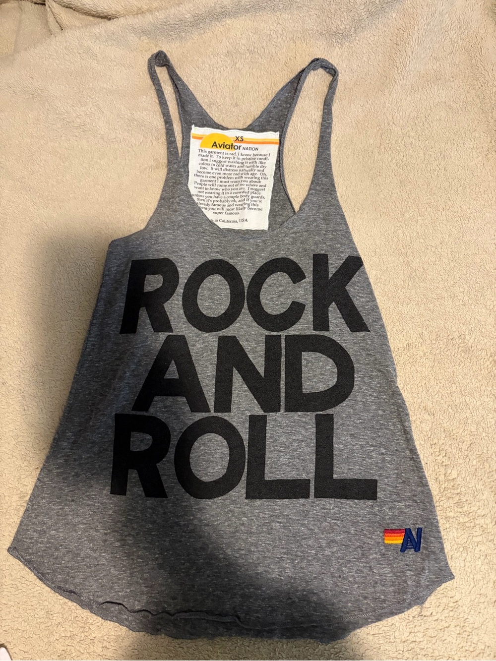 Aviator Nation Gray Racerback Tank with Black Rock And Roll Print